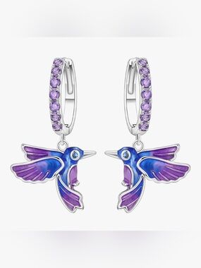 Sterling Silver 925 Hummingbird Dangle Earrings in Colorful Shades NWT